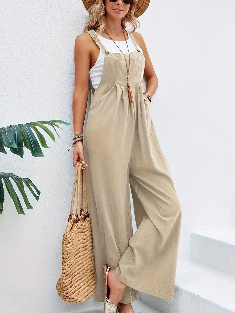 Tuta boho a tinta unita lunga smanicata, tuta baggy casual con tasche, abbigliamento da donna