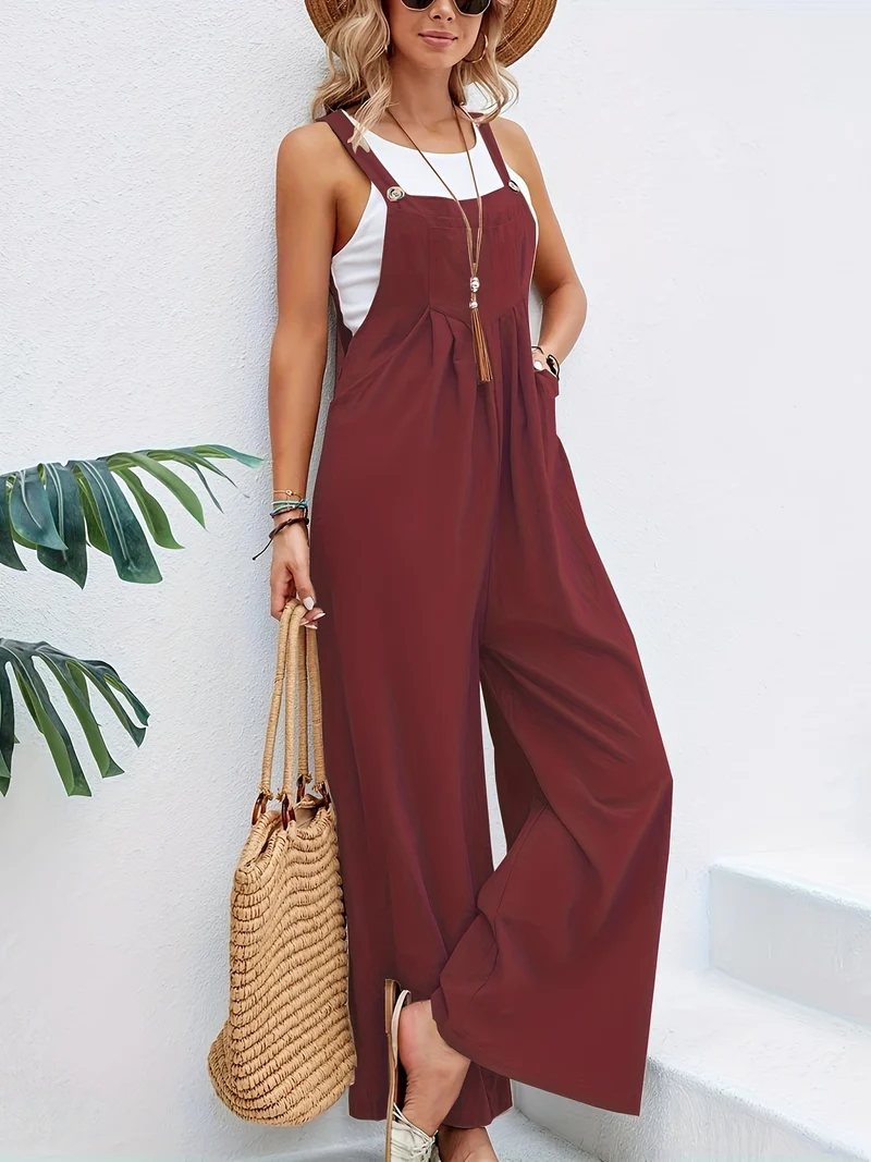 Tuta boho a tinta unita lunga smanicata, tuta baggy casual con tasche, abbigliamento da donna