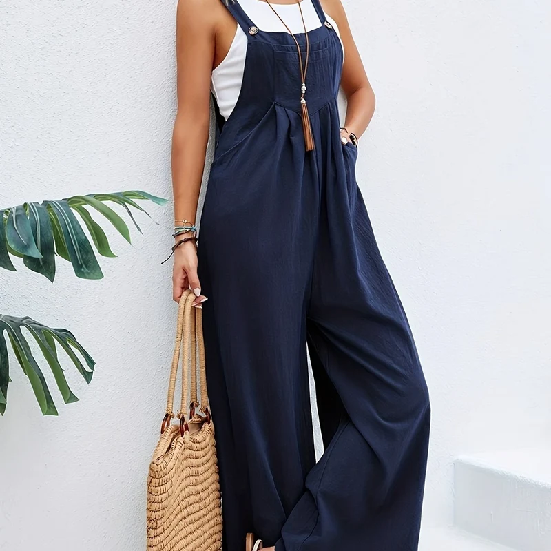 Tuta boho a tinta unita lunga smanicata, tuta baggy casual con tasche, abbigliamento da donna