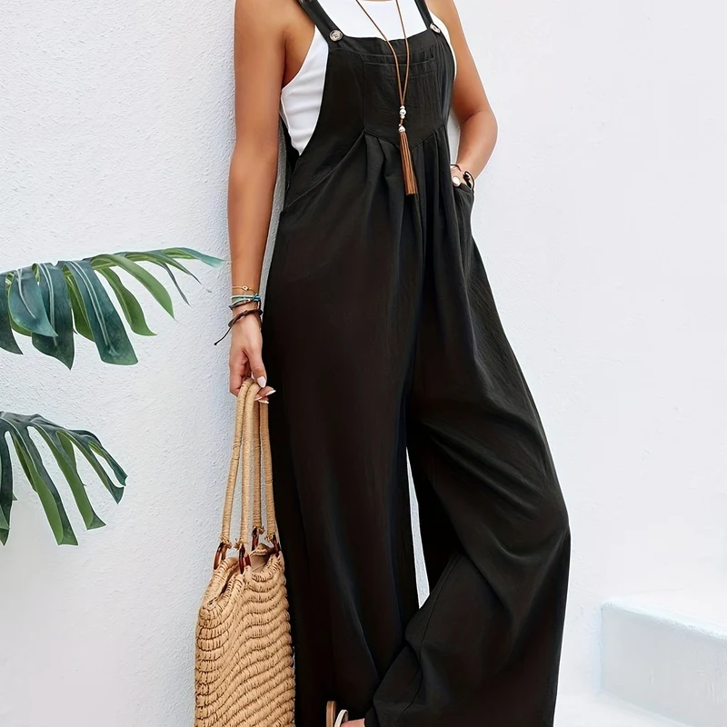 Tuta boho a tinta unita lunga smanicata, tuta baggy casual con tasche, abbigliamento da donna