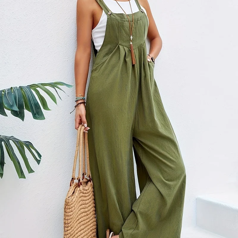 Tuta boho a tinta unita lunga smanicata, tuta baggy casual con tasche, abbigliamento da donna