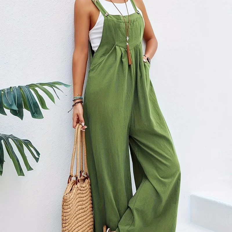 Tuta boho a tinta unita lunga smanicata, tuta baggy casual con tasche, abbigliamento da donna