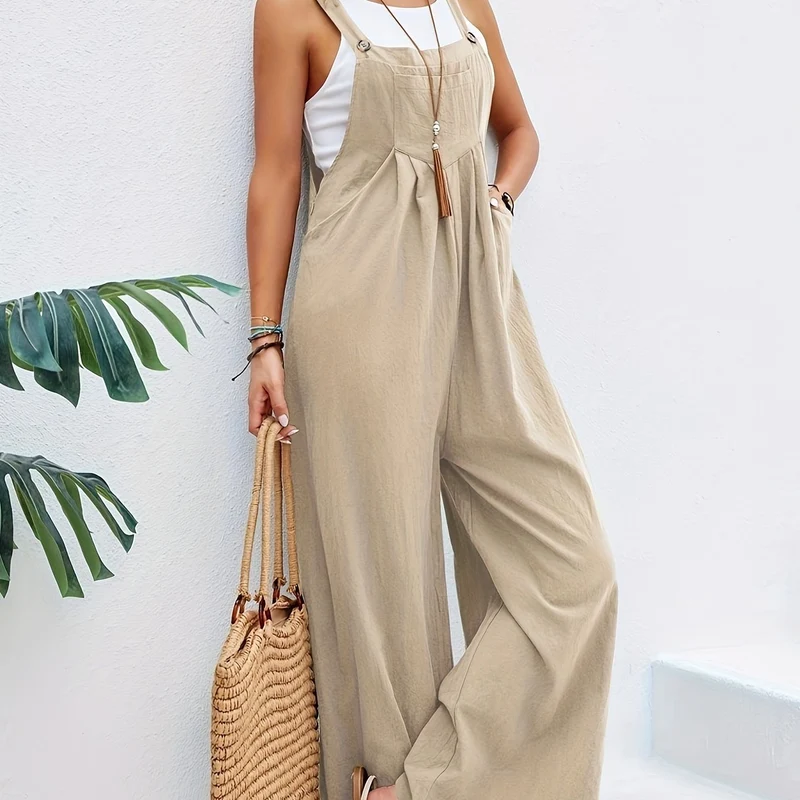 Tuta boho a tinta unita lunga smanicata, tuta baggy casual con tasche, abbigliamento da donna
