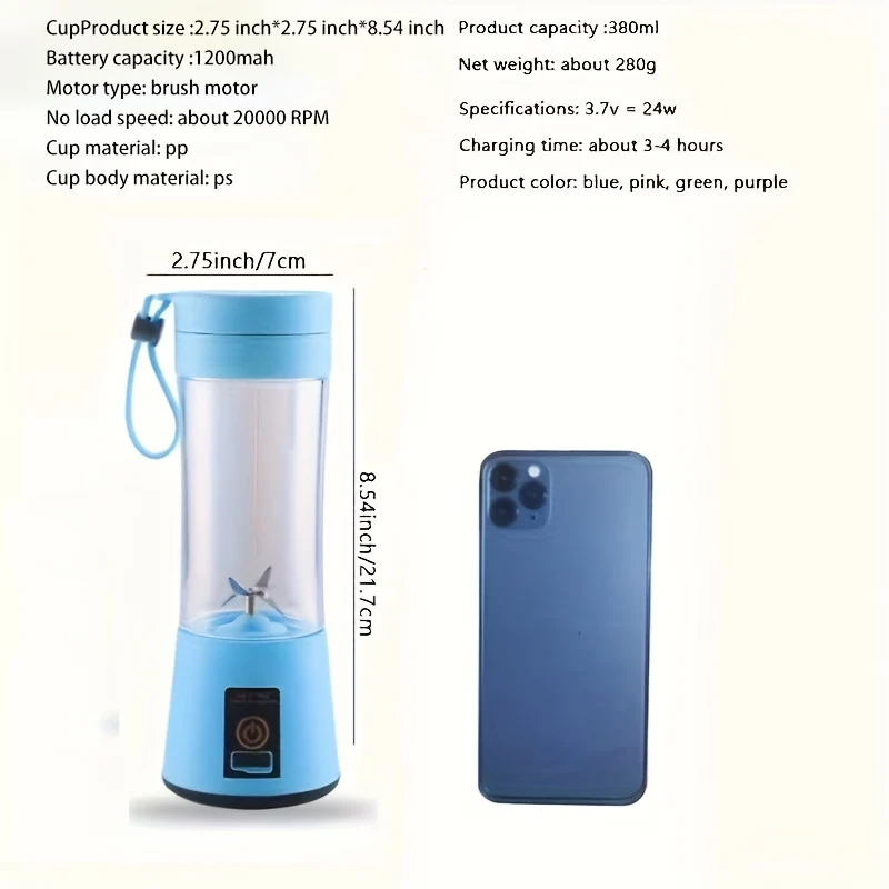 Tazza Frullatore Portatile USB Elettrica Premium, Mini Tazza Spremiagrumi Portatile Per Frullati E Frullati, Succhi Di Frutta, Latte, Frutta, Verdura, Bottiglia Shaker Per Proteine, Mixer, 380 Ml, Bottiglia Per Viaggi