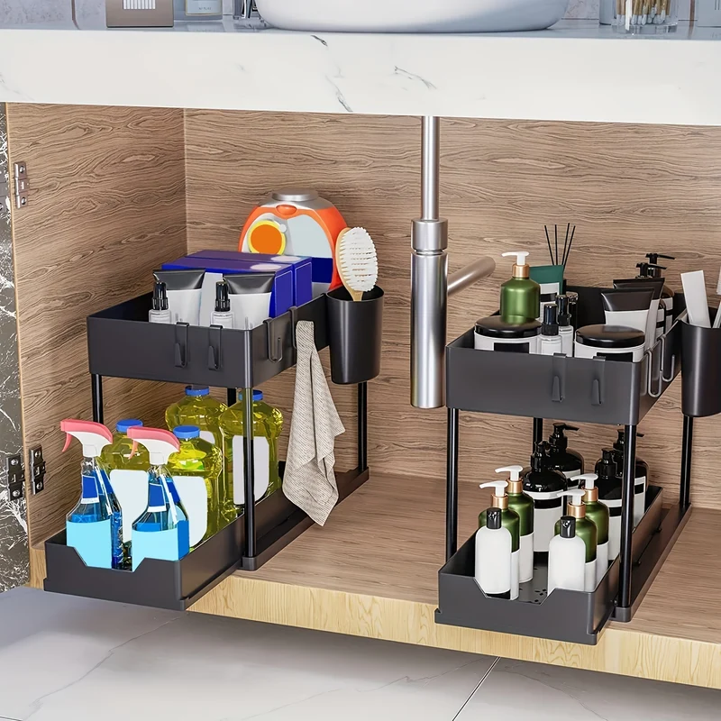 1 set sotto l'Organizer del lavandino, cassetti scorrevoli a 2 livelli dell'Organizer cestino dell'armadietto, Organizer sotto il lavandino e Organizer dell'armadietto della cucina del bagno con la tazza i ganci