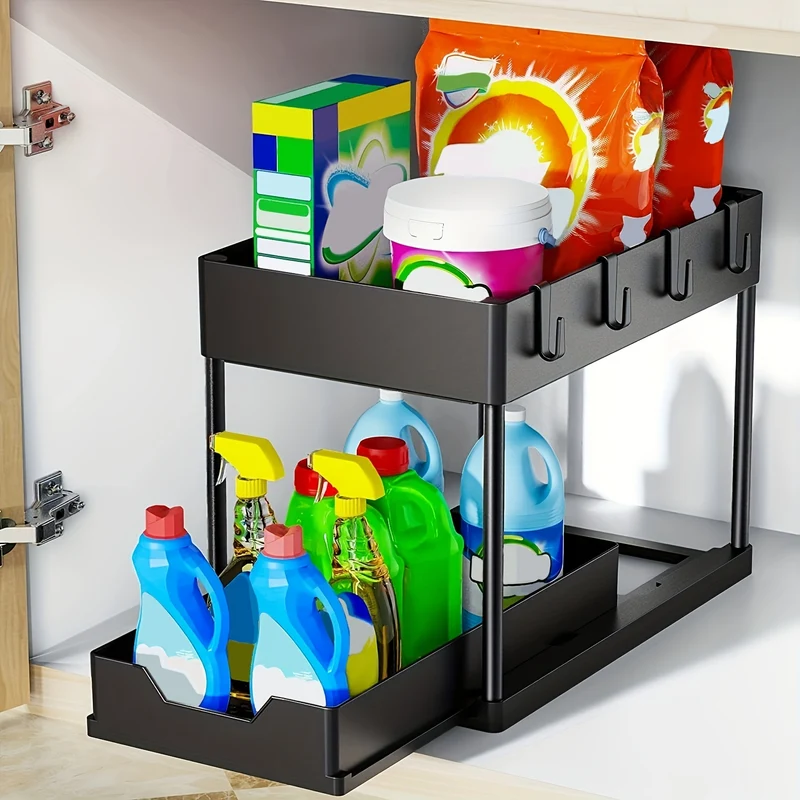 1 set sotto l'Organizer del lavandino, cassetti scorrevoli a 2 livelli dell'Organizer cestino dell'armadietto, Organizer sotto il lavandino e Organizer dell'armadietto della cucina del bagno con la tazza i ganci