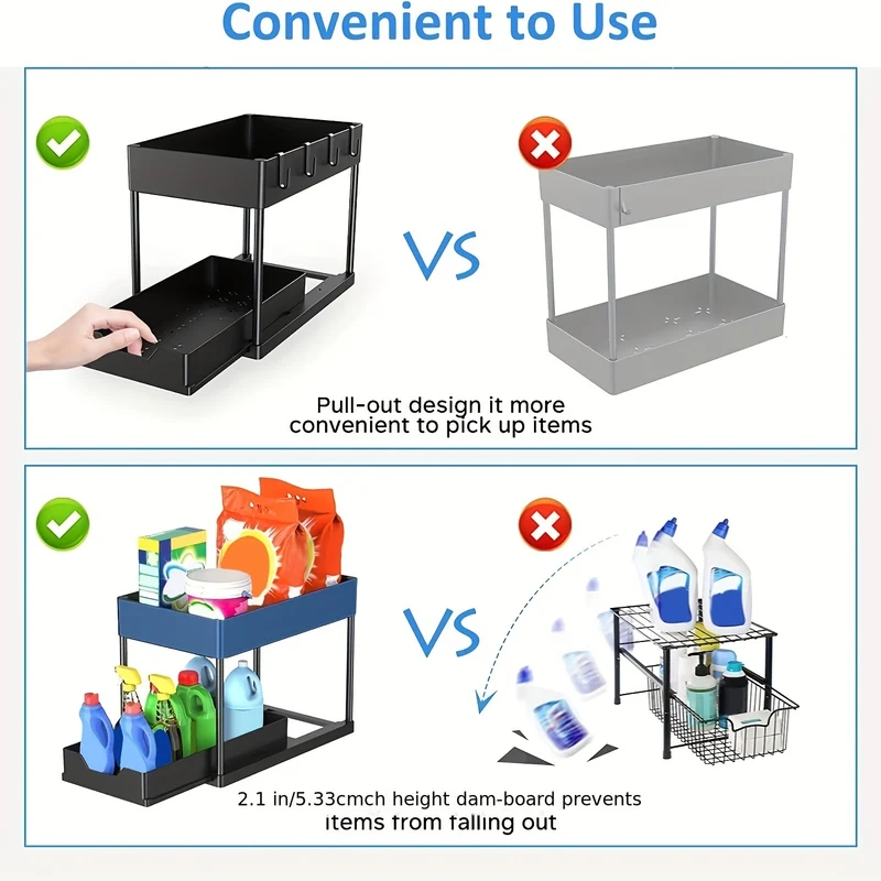 1 set sotto l'Organizer del lavandino, cassetti scorrevoli a 2 livelli dell'Organizer cestino dell'armadietto, Organizer sotto il lavandino e Organizer dell'armadietto della cucina del bagno con la tazza i ganci