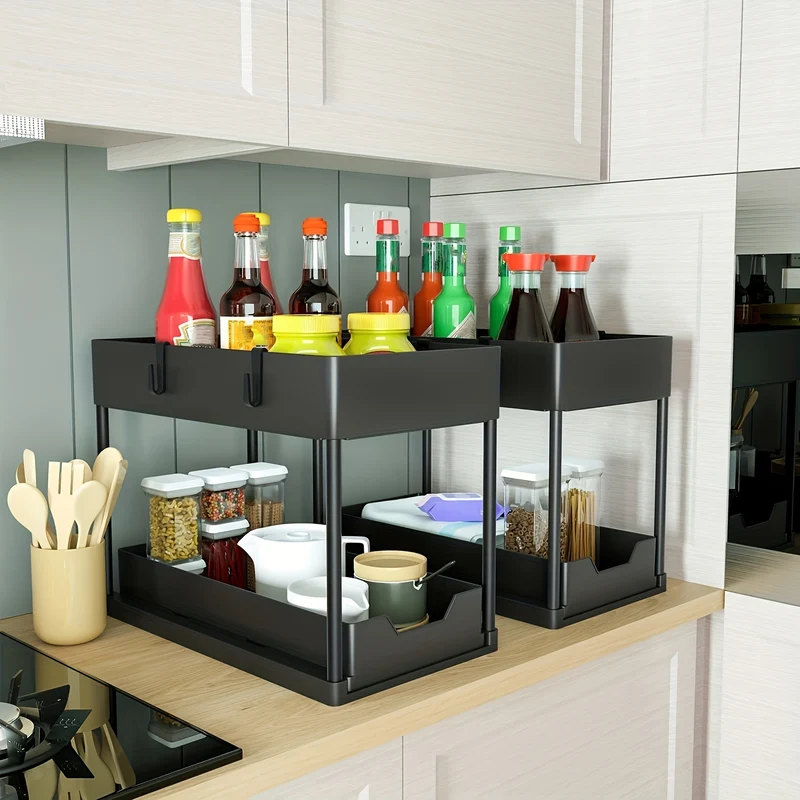 1 set sotto l'Organizer del lavandino, cassetti scorrevoli a 2 livelli dell'Organizer cestino dell'armadietto, Organizer sotto il lavandino e Organizer dell'armadietto della cucina del bagno con la tazza i ganci