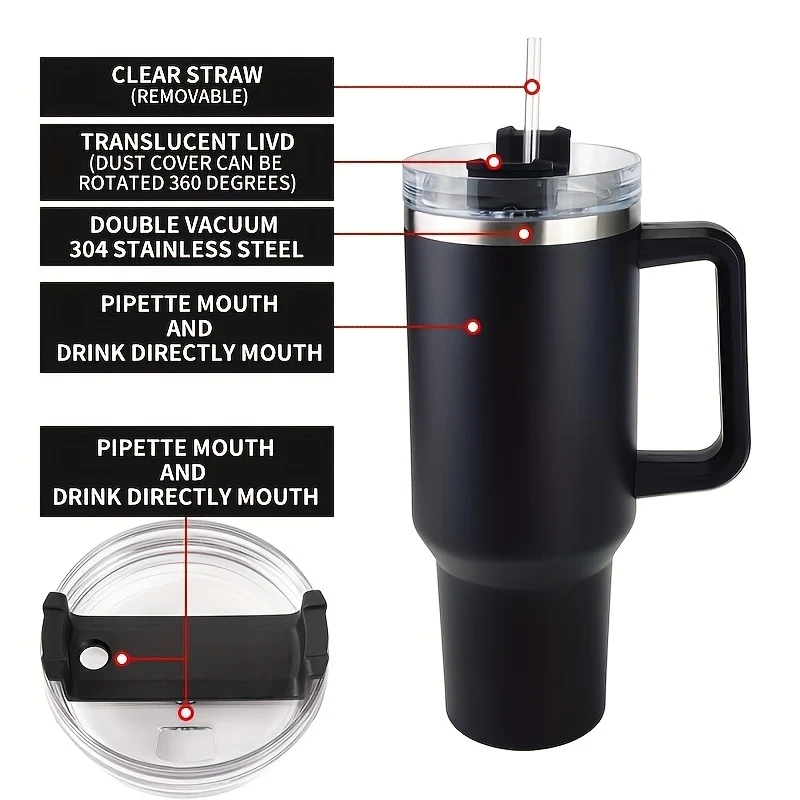 DKP Bottiglia D'acqua Con Capacità Di 40 Once Con Manico E Coperchio A Cannuccia, Bottiglie D'acqua In Acciaio Inossidabile Riutilizzabili E Isolate, Tazza Da Viaggio, Tazza Da Caffè, Tazza Da Auto, Tazza Da Acqua Per Uomini E Donne, Campeggio All'aperto