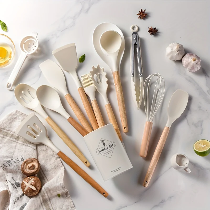 14 Pezzi/set, Set Di Utensili In Silicone, Set Di Utensili Da Cucina Bianchi, Utensili Da Cucina Di Sicurezza Con Secchio Portaoggetti, Utensili Da Cucina Antiaderenti Con Manico In Legno