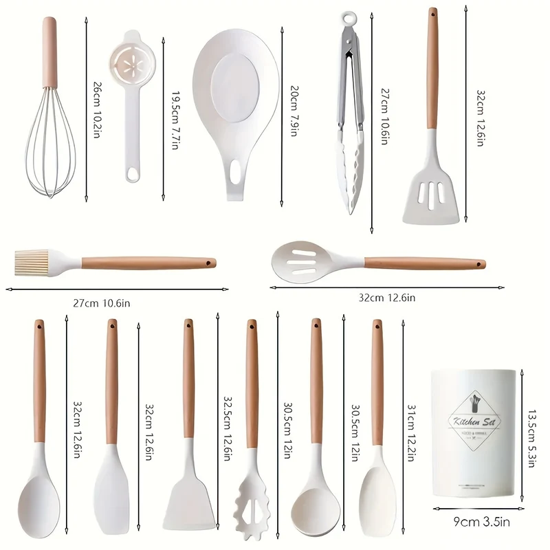 14 Pezzi/set, Set Di Utensili In Silicone, Set Di Utensili Da Cucina Bianchi, Utensili Da Cucina Di Sicurezza Con Secchio Portaoggetti, Utensili Da Cucina Antiaderenti Con Manico In Legno