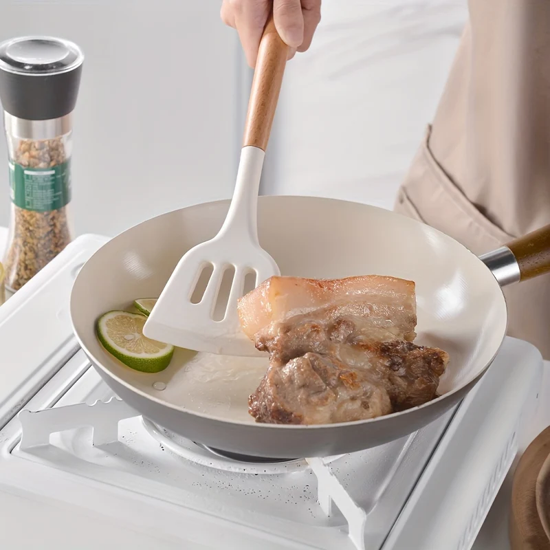 14 Pezzi/set, Set Di Utensili In Silicone, Set Di Utensili Da Cucina Bianchi, Utensili Da Cucina Di Sicurezza Con Secchio Portaoggetti, Utensili Da Cucina Antiaderenti Con Manico In Legno