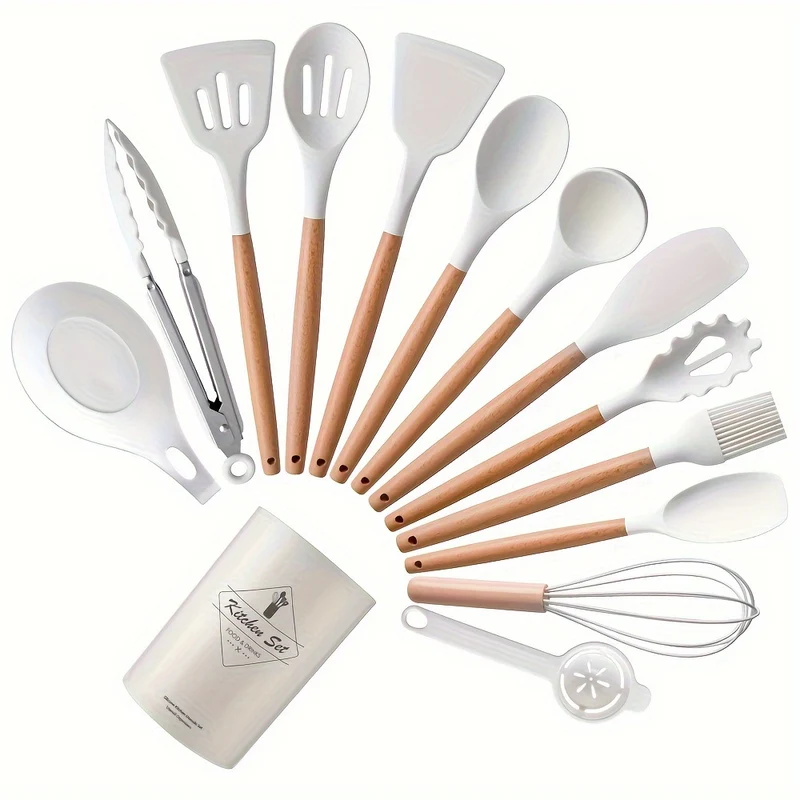 14 Pezzi/set, Set Di Utensili In Silicone, Set Di Utensili Da Cucina Bianchi, Utensili Da Cucina Di Sicurezza Con Secchio Portaoggetti, Utensili Da Cucina Antiaderenti Con Manico In Legno