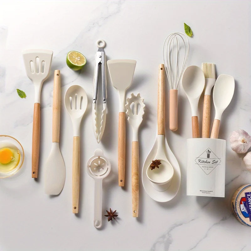 14 Pezzi/set, Set Di Utensili In Silicone, Set Di Utensili Da Cucina Bianchi, Utensili Da Cucina Di Sicurezza Con Secchio Portaoggetti, Utensili Da Cucina Antiaderenti Con Manico In Legno