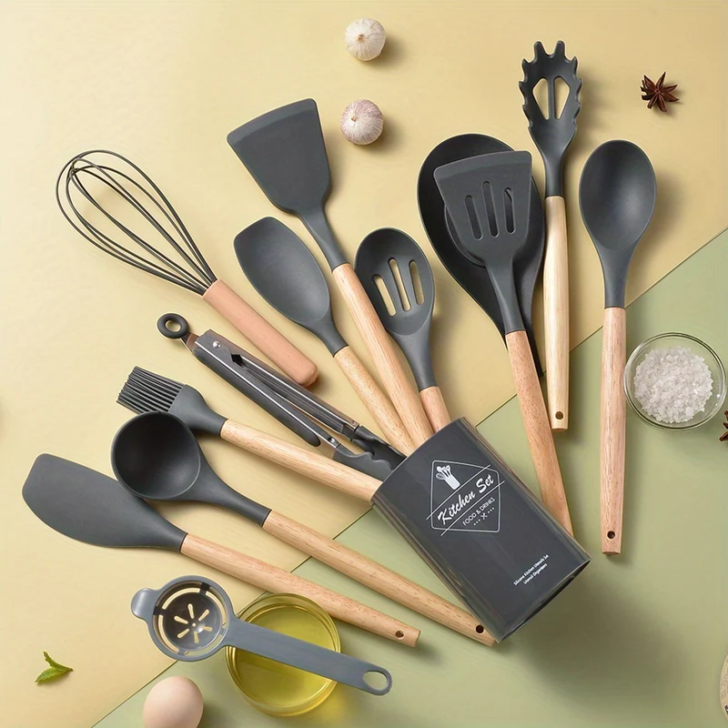 14 Pezzi/set, Set Di Utensili In Silicone, Set Di Utensili Da Cucina Bianchi, Utensili Da Cucina Di Sicurezza Con Secchio Portaoggetti, Utensili Da Cucina Antiaderenti Con Manico In Legno