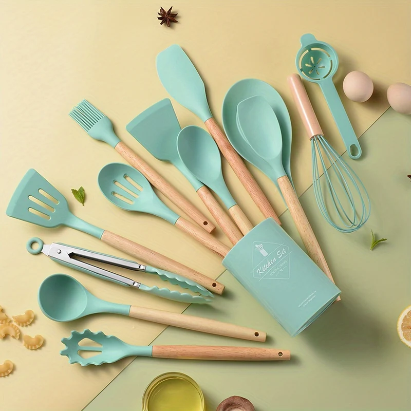 14 Pezzi/set, Set Di Utensili In Silicone, Set Di Utensili Da Cucina Bianchi, Utensili Da Cucina Di Sicurezza Con Secchio Portaoggetti, Utensili Da Cucina Antiaderenti Con Manico In Legno