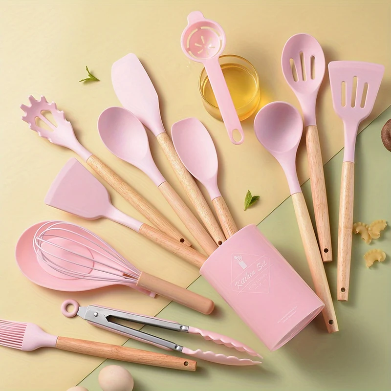 14 Pezzi/set, Set Di Utensili In Silicone, Set Di Utensili Da Cucina Bianchi, Utensili Da Cucina Di Sicurezza Con Secchio Portaoggetti, Utensili Da Cucina Antiaderenti Con Manico In Legno