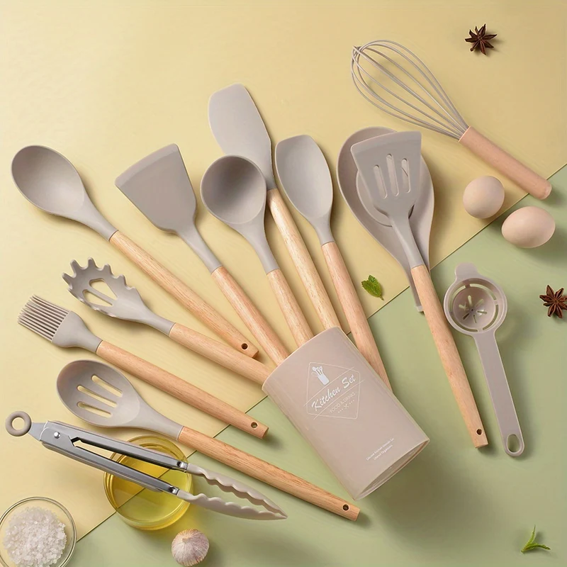 14 Pezzi/set, Set Di Utensili In Silicone, Set Di Utensili Da Cucina Bianchi, Utensili Da Cucina Di Sicurezza Con Secchio Portaoggetti, Utensili Da Cucina Antiaderenti Con Manico In Legno