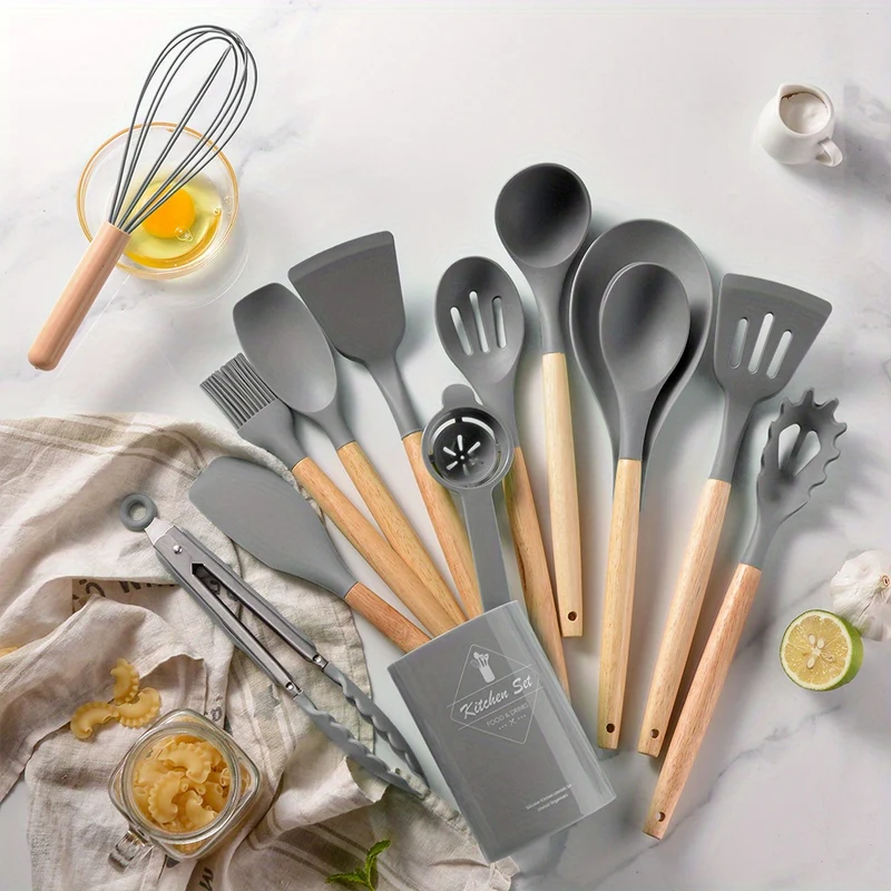 14 Pezzi/set, Set Di Utensili In Silicone, Set Di Utensili Da Cucina Bianchi, Utensili Da Cucina Di Sicurezza Con Secchio Portaoggetti, Utensili Da Cucina Antiaderenti Con Manico In Legno