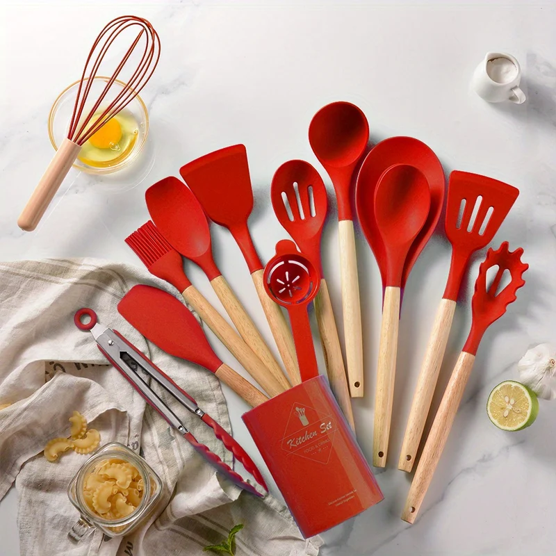 14 Pezzi/set, Set Di Utensili In Silicone, Set Di Utensili Da Cucina Bianchi, Utensili Da Cucina Di Sicurezza Con Secchio Portaoggetti, Utensili Da Cucina Antiaderenti Con Manico In Legno