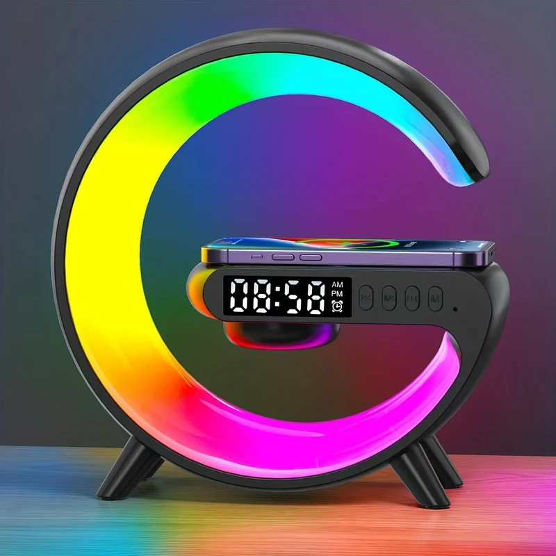 1pc Smart Big G Altoparlante Colorato Luce D'atmosfera, Audiosveglia Caricatore Wireless Per Telefono Cellulare Luce Notturna Ornamento Da Tavolo, Luce Notturna Creativa Altoparlante Desktop