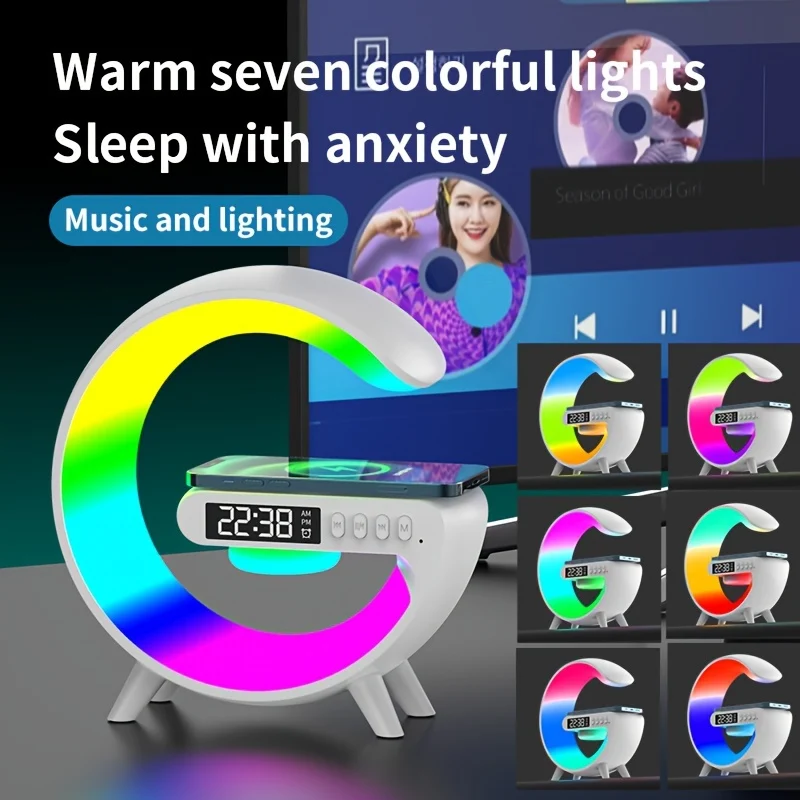 1pc Smart Big G Altoparlante Colorato Luce D'atmosfera, Audiosveglia Caricatore Wireless Per Telefono Cellulare Luce Notturna Ornamento Da Tavolo, Luce Notturna Creativa Altoparlante Desktop