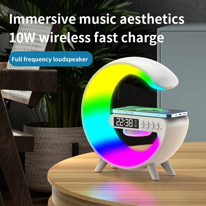 1pc Smart Big G Altoparlante Colorato Luce D'atmosfera, Audiosveglia Caricatore Wireless Per Telefono Cellulare Luce Notturna Ornamento Da Tavolo, Luce Notturna Creativa Altoparlante Desktop