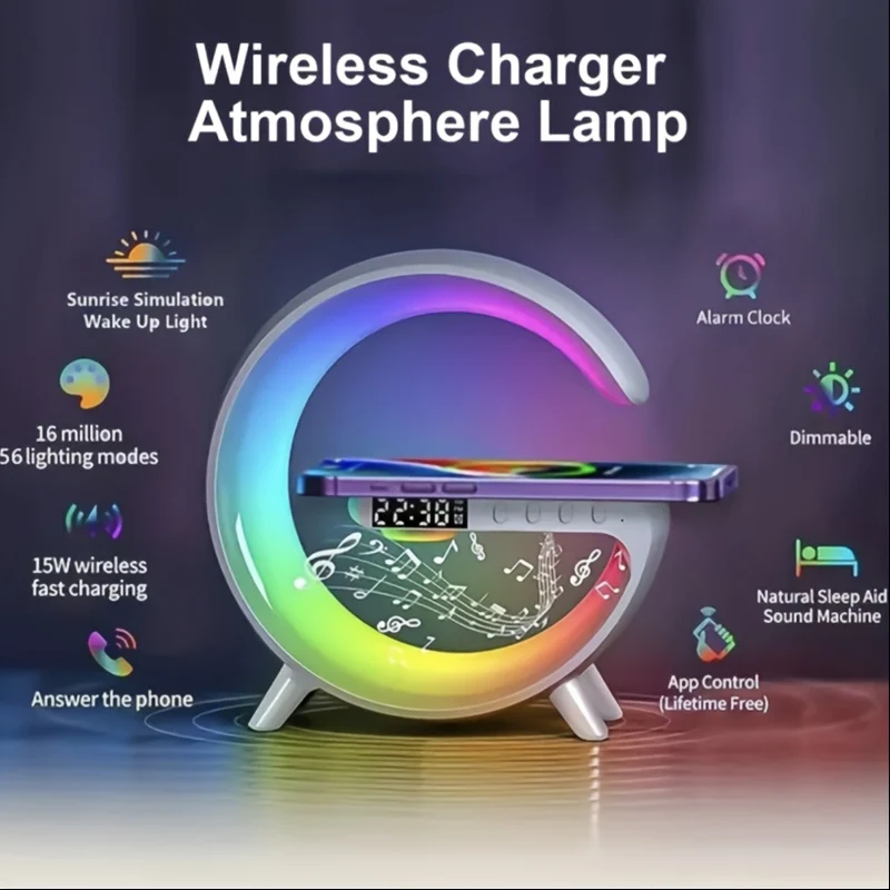 1pc Smart Big G Altoparlante Colorato Luce D'atmosfera, Audiosveglia Caricatore Wireless Per Telefono Cellulare Luce Notturna Ornamento Da Tavolo, Luce Notturna Creativa Altoparlante Desktop