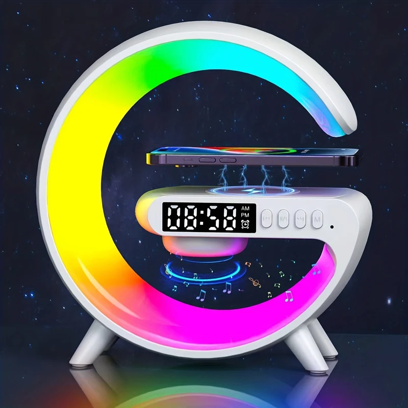 1pc Smart Big G Altoparlante Colorato Luce D'atmosfera, Audiosveglia Caricatore Wireless Per Telefono Cellulare Luce Notturna Ornamento Da Tavolo, Luce Notturna Creativa Altoparlante Desktop