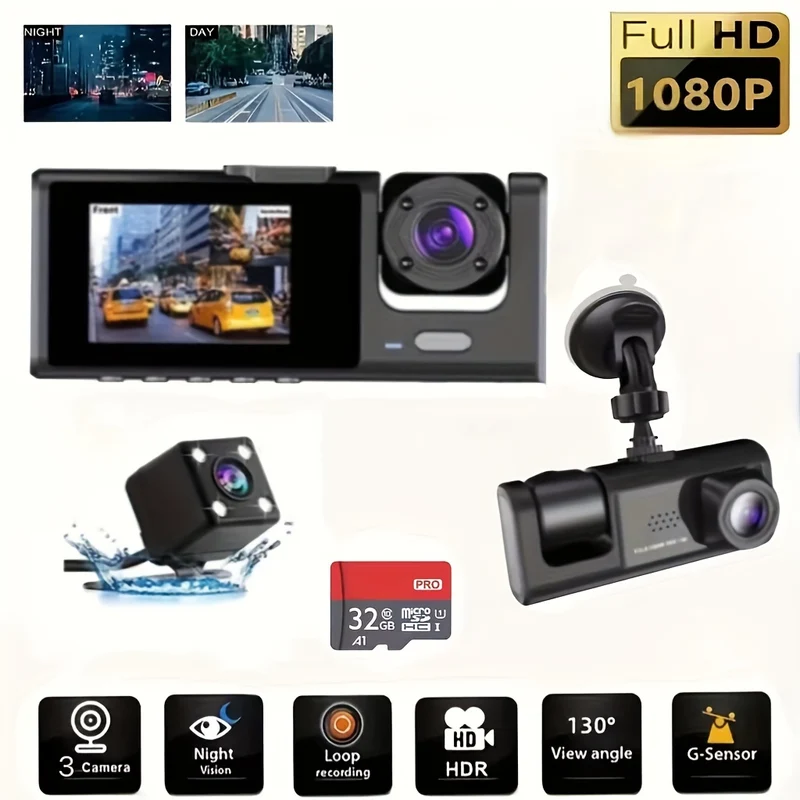 3 Dash Cam A 3 Canali Anteriore E Posteriore, Interno, Visione Notturna IR 1080P, Registrazione In Loop, Telecamera DVR Per Auto Con Schermo IPS Da 2 Pollici. Dashcam A 3 Telecamere Per Auto