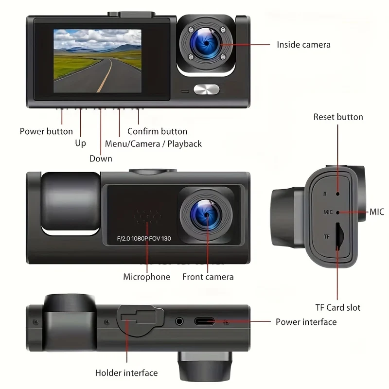 3 Dash Cam A 3 Canali Anteriore E Posteriore, Interno, Visione Notturna IR 1080P, Registrazione In Loop, Telecamera DVR Per Auto Con Schermo IPS Da 2 Pollici. Dashcam A 3 Telecamere Per Auto