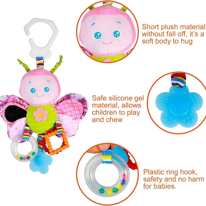 Seggiolino auto e passeggino con clip ricchi di sensi per neonati - Animali morbidi per bambini dei cartoni animati con denti e sonaglio Regali di Natale Halloween Ringraziamento