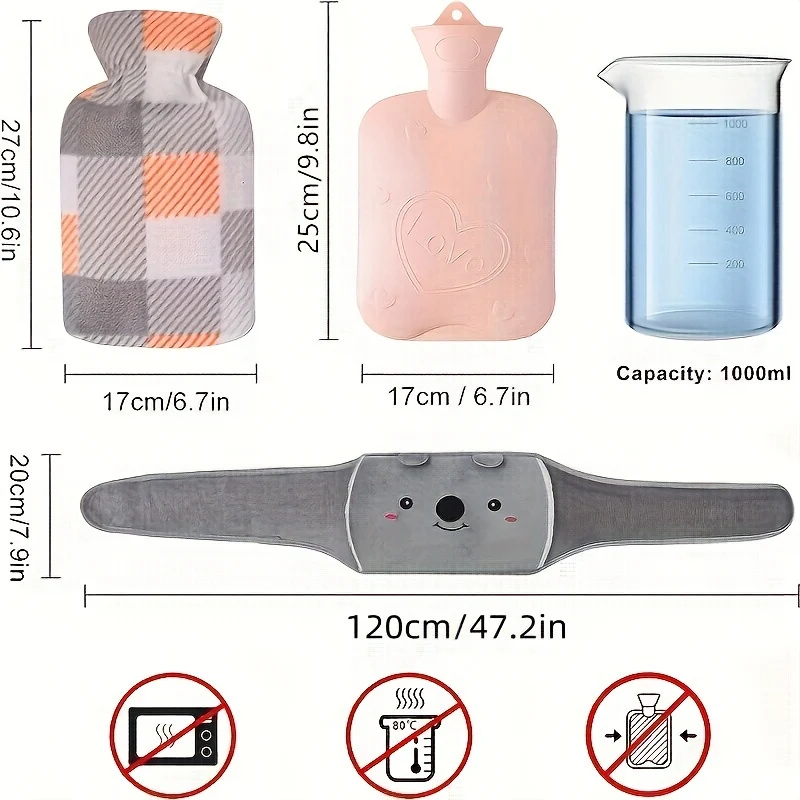 Set 3 Borse Dell'acqua Calda, Borsa Dell'acqua Calda Da 1000 Ml, Borsa Dell'acqua Calda In Gomma, Copertura Morbida In Vita, Collo, Spalle, Schiena, Mani, Gambe, Calore In Vita, Copertura Morbida In Peluche, Borsa Dell'acqua Calda In Gomma Calda