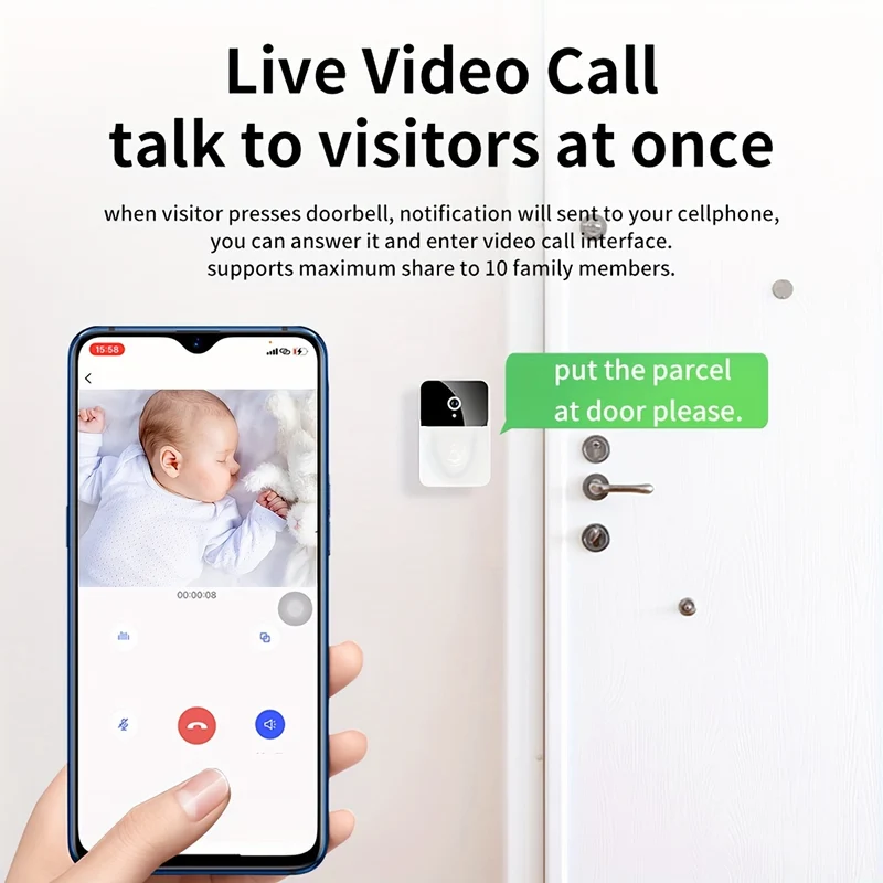 1pc Telecamera Per Campanello Wireless Bianco, Interfono Visivo Intelligente HD Con Visione Notturna Wifi Ricaricabile, Chiamata Vocale Bidirezionale Controllo APP