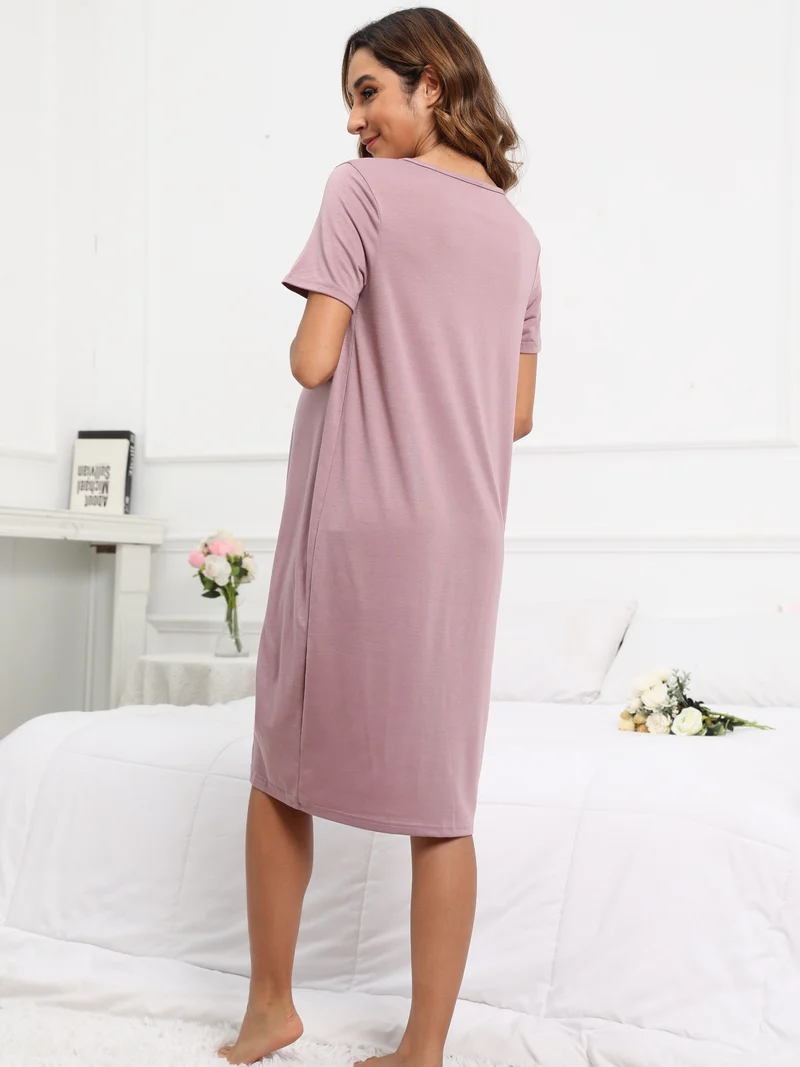 Vestito Da Notte Comodo Per Maternità Da Donna, Vestito Con Bottoni A Collo A V A Maniche Corte Per Interni