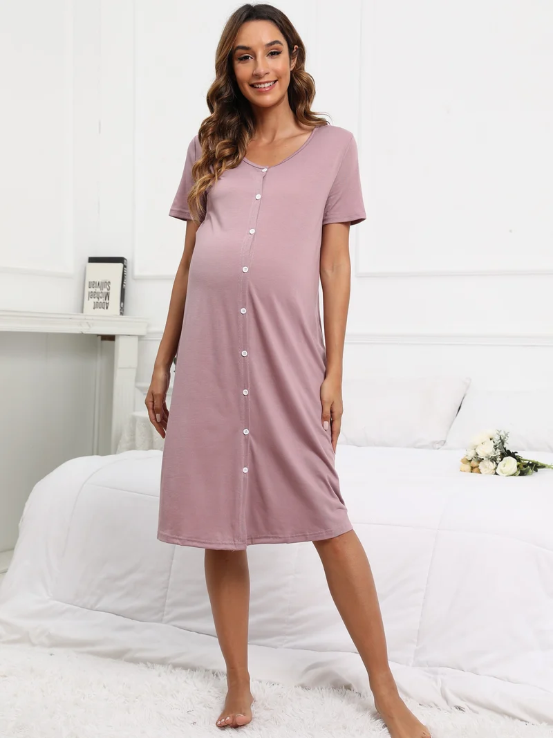 Vestito Da Notte Comodo Per Maternità Da Donna, Vestito Con Bottoni A Collo A V A Maniche Corte Per Interni