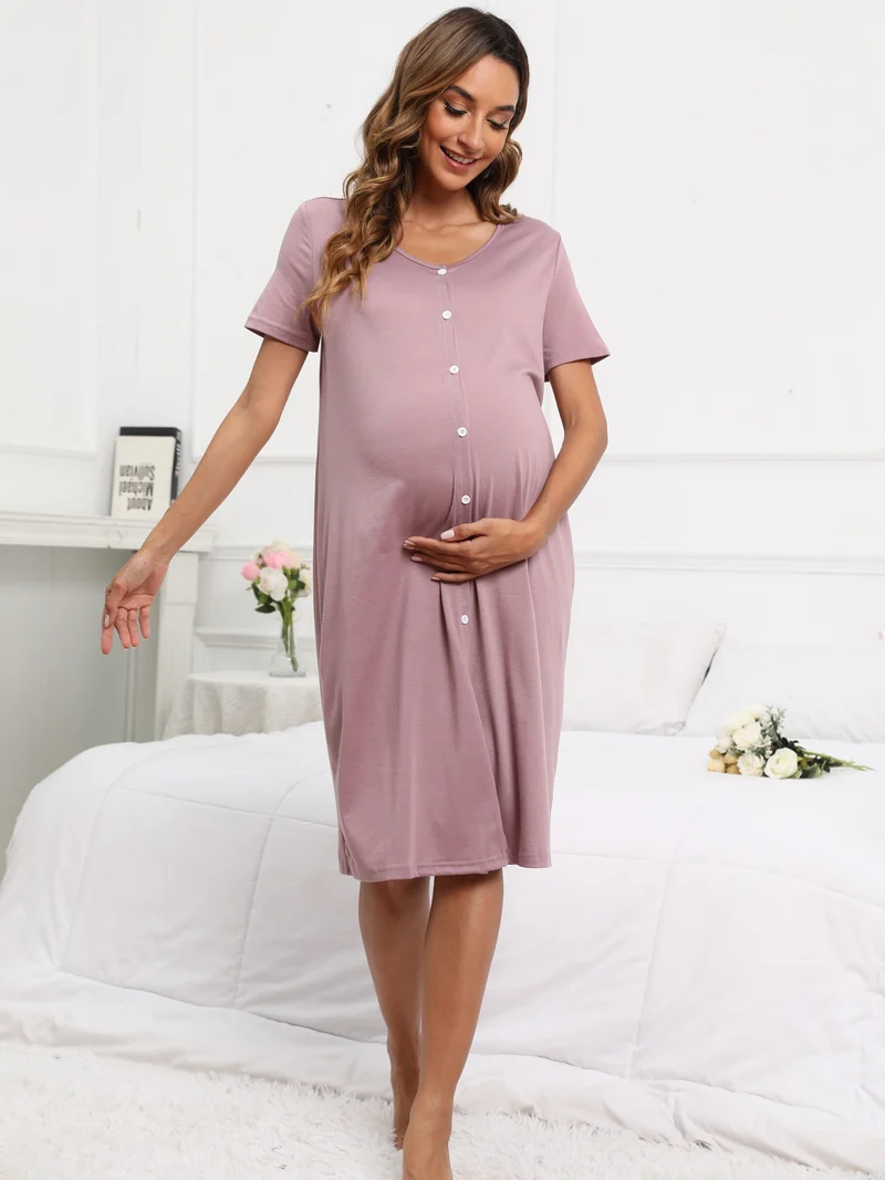Vestito Da Notte Comodo Per Maternità Da Donna, Vestito Con Bottoni A Collo A V A Maniche Corte Per Interni