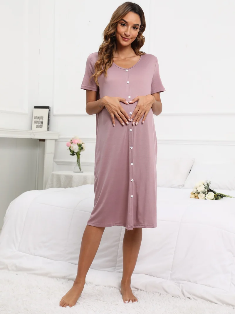 Vestito Da Notte Comodo Per Maternità Da Donna, Vestito Con Bottoni A Collo A V A Maniche Corte Per Interni