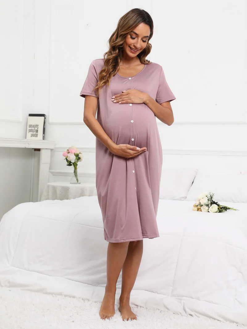 Vestito Da Notte Comodo Per Maternità Da Donna, Vestito Con Bottoni A Collo A V A Maniche Corte Per Interni