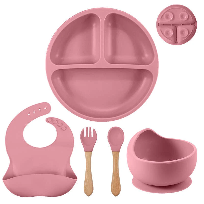 5pcs/set Ciotola In Silicone Per Bambini Con Ventosa, Set Di Forchette E Cucchiai In Legno, Set Di Bavaglini Impermeabili, Set Di Stoviglie Per L'addestramento Dei Bambini A Mangiare E Alimentarsi Al Tavolo