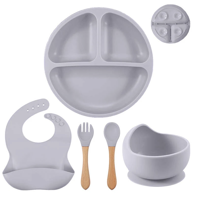5pcs/set Ciotola In Silicone Per Bambini Con Ventosa, Set Di Forchette E Cucchiai In Legno, Set Di Bavaglini Impermeabili, Set Di Stoviglie Per L'addestramento Dei Bambini A Mangiare E Alimentarsi Al Tavolo