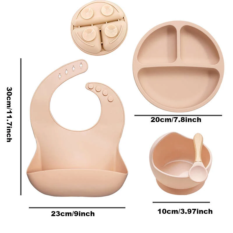 5pcs/set Ciotola In Silicone Per Bambini Con Ventosa, Set Di Forchette E Cucchiai In Legno, Set Di Bavaglini Impermeabili, Set Di Stoviglie Per L'addestramento Dei Bambini A Mangiare E Alimentarsi Al Tavolo