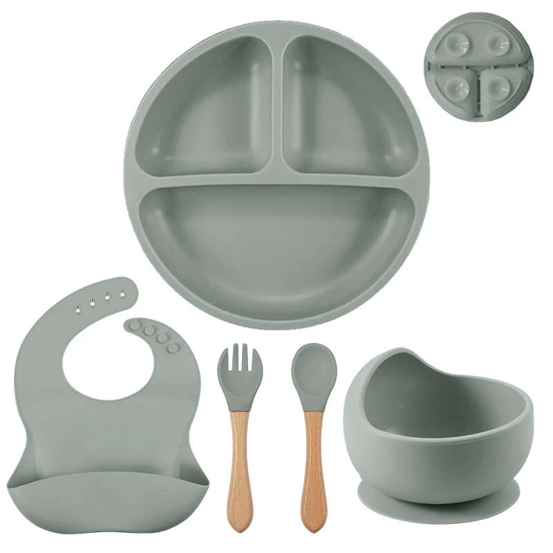 5pcs/set Ciotola In Silicone Per Bambini Con Ventosa, Set Di Forchette E Cucchiai In Legno, Set Di Bavaglini Impermeabili, Set Di Stoviglie Per L'addestramento Dei Bambini A Mangiare E Alimentarsi Al Tavolo