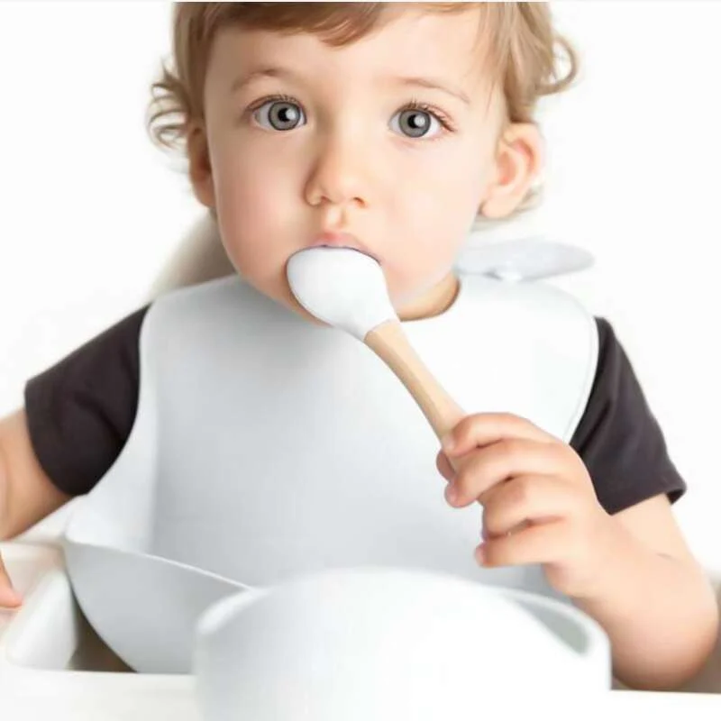 5pcs/set Ciotola In Silicone Per Bambini Con Ventosa, Set Di Forchette E Cucchiai In Legno, Set Di Bavaglini Impermeabili, Set Di Stoviglie Per L'addestramento Dei Bambini A Mangiare E Alimentarsi Al Tavolo