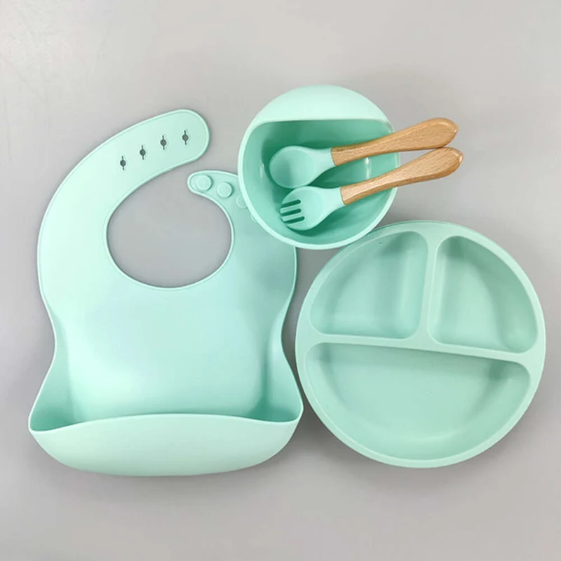 5pcs/set Ciotola In Silicone Per Bambini Con Ventosa, Set Di Forchette E Cucchiai In Legno, Set Di Bavaglini Impermeabili, Set Di Stoviglie Per L'addestramento Dei Bambini A Mangiare E Alimentarsi Al Tavolo
