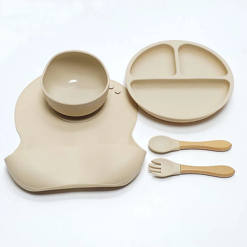 5pcs/set Ciotola In Silicone Per Bambini Con Ventosa, Set Di Forchette E Cucchiai In Legno, Set Di Bavaglini Impermeabili, Set Di Stoviglie Per L'addestramento Dei Bambini A Mangiare E Alimentarsi Al Tavolo