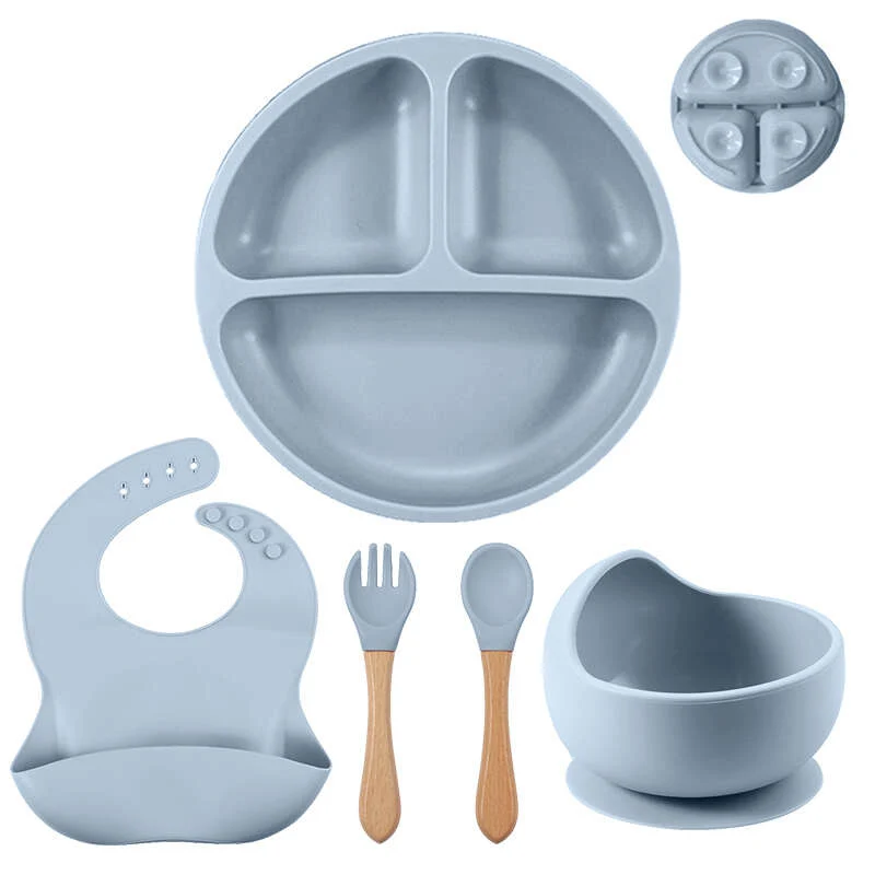 5pcs/set Ciotola In Silicone Per Bambini Con Ventosa, Set Di Forchette E Cucchiai In Legno, Set Di Bavaglini Impermeabili, Set Di Stoviglie Per L'addestramento Dei Bambini A Mangiare E Alimentarsi Al Tavolo