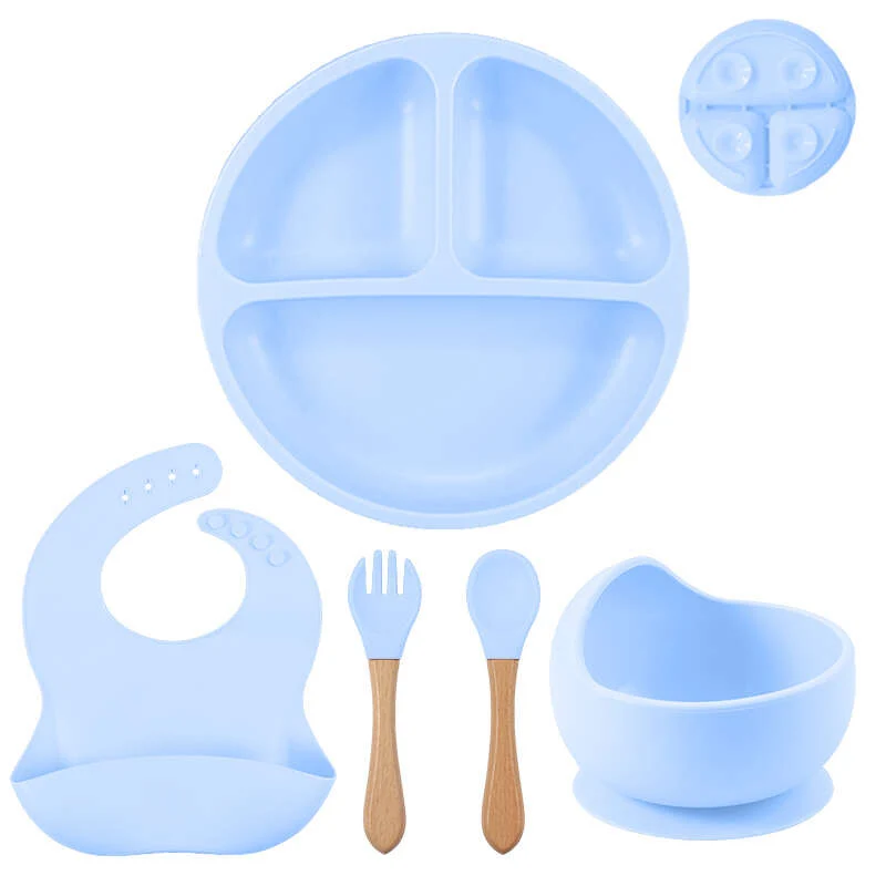 5pcs/set Ciotola In Silicone Per Bambini Con Ventosa, Set Di Forchette E Cucchiai In Legno, Set Di Bavaglini Impermeabili, Set Di Stoviglie Per L'addestramento Dei Bambini A Mangiare E Alimentarsi Al Tavolo