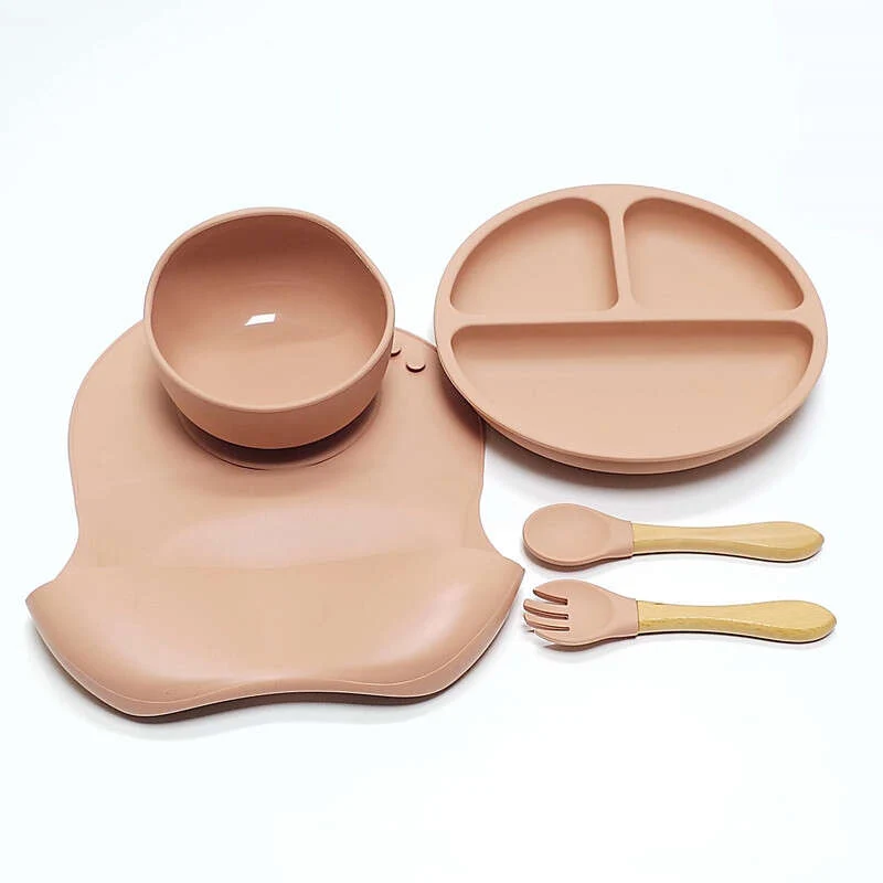 5pcs/set Ciotola In Silicone Per Bambini Con Ventosa, Set Di Forchette E Cucchiai In Legno, Set Di Bavaglini Impermeabili, Set Di Stoviglie Per L'addestramento Dei Bambini A Mangiare E Alimentarsi Al Tavolo