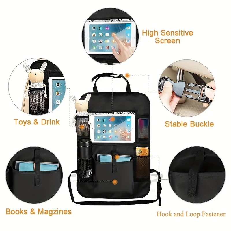 2 borse portaoggetti per sedile posteriore auto - 6 tasche per tablet, computer, libri, giocattoli, tazze e bottiglie - Borsa da appendere con tappetino anti-calcio - Perfetta per la protezione dello schienale del sedile dell'auto, regalo di Natale